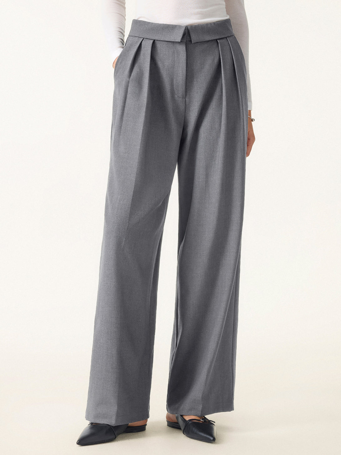 Fold-Over Pleated Midi Rise Wide Leg Trousers with Pockets