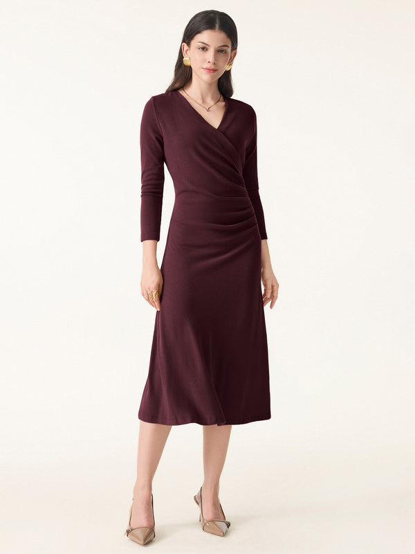 Slimming Surplice 3/4 Sleeve Midi Dress Ruby XS