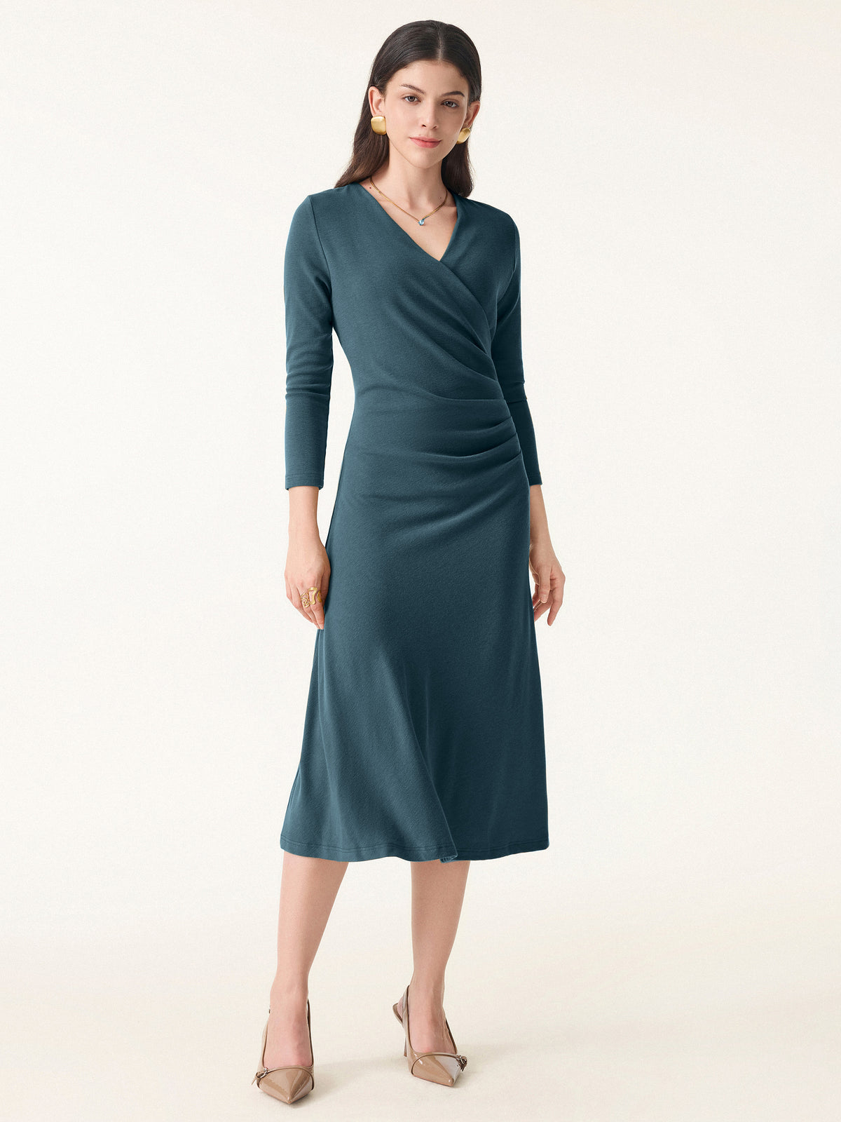 green emerald velvet dress Long Wedding-Guest Dress with Long Sleeves