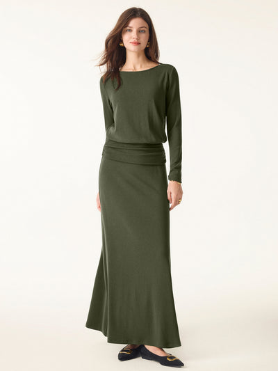 2Pcs Set Light Warm Round Neck Side Ruched Top & Pull-on Circle Flared Maxi Skirt Deep Olive XS