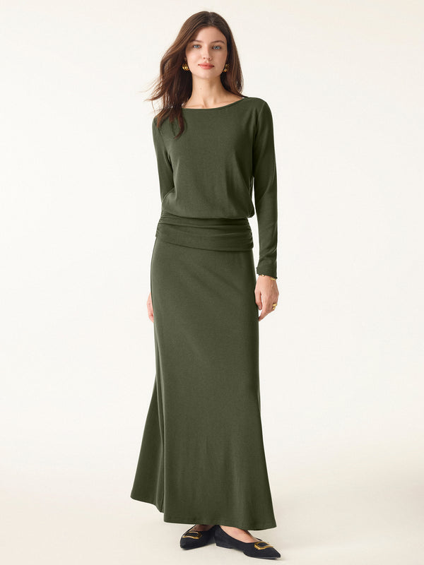 2Pcs Set Light Warm Round Neck Side Ruched Top & Pull-on Circle Flared Maxi Skirt Deep Olive XS
