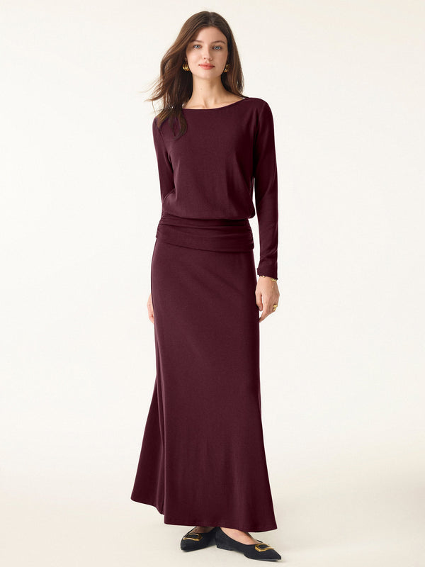 OGLmove 2Pcs Set Boatneck Long Sleeve Top & High-Rise A-Line Maxi Skirt Ruby Berry XXS