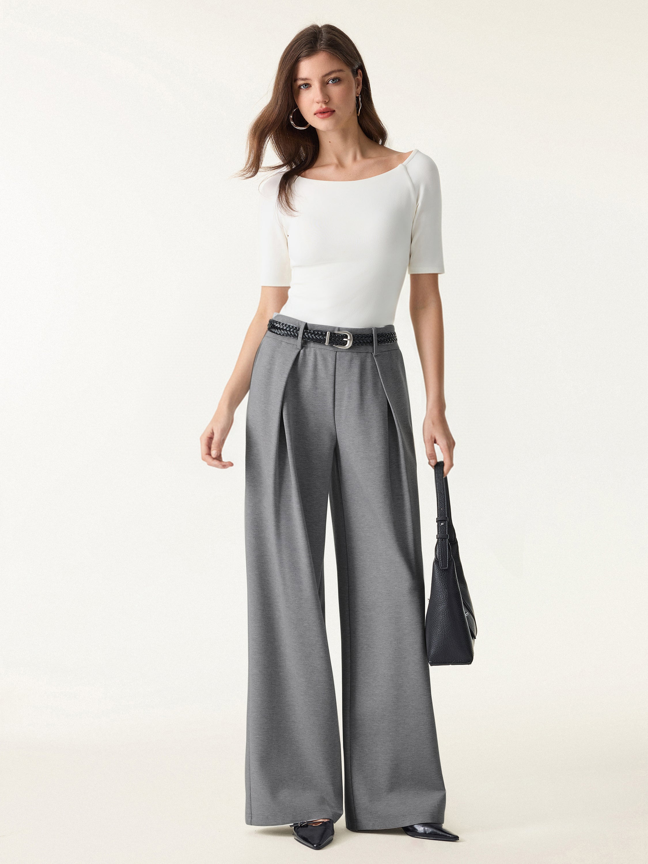 Wrinkle Resistant Stretchy High Rise Wide Leg Pant Pockets