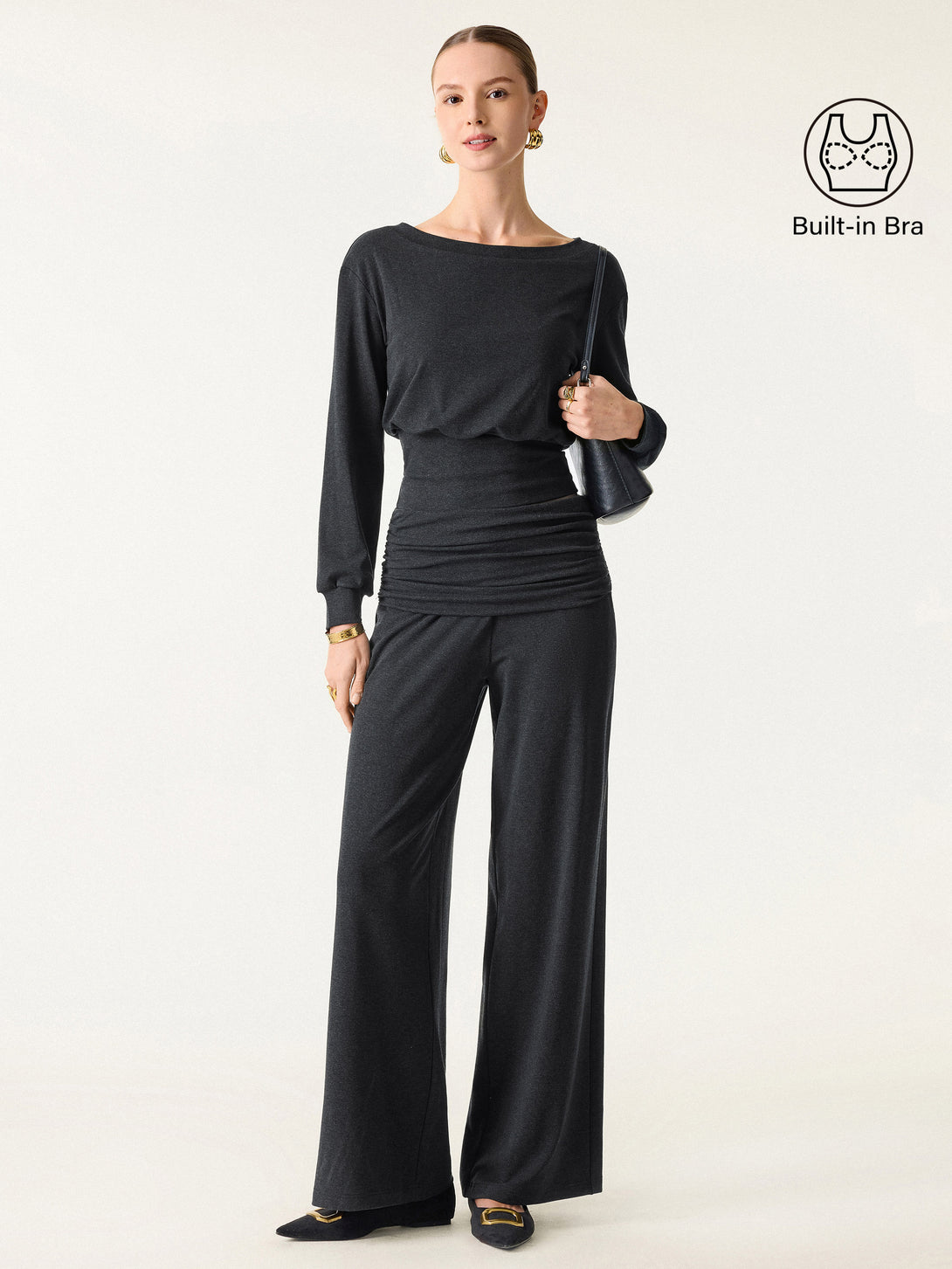2Pcs Set Boatneck Brami & Drapey Wide Leg Pull-on Pants with Pockets Heather Black XS