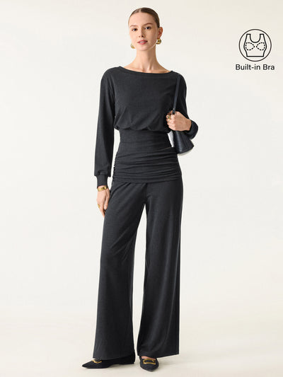 OGLmove 2Pcs Set Boatneck Bra & Drapey Wide Leg Pull-on Pants with Pockets Heather Black XXS
