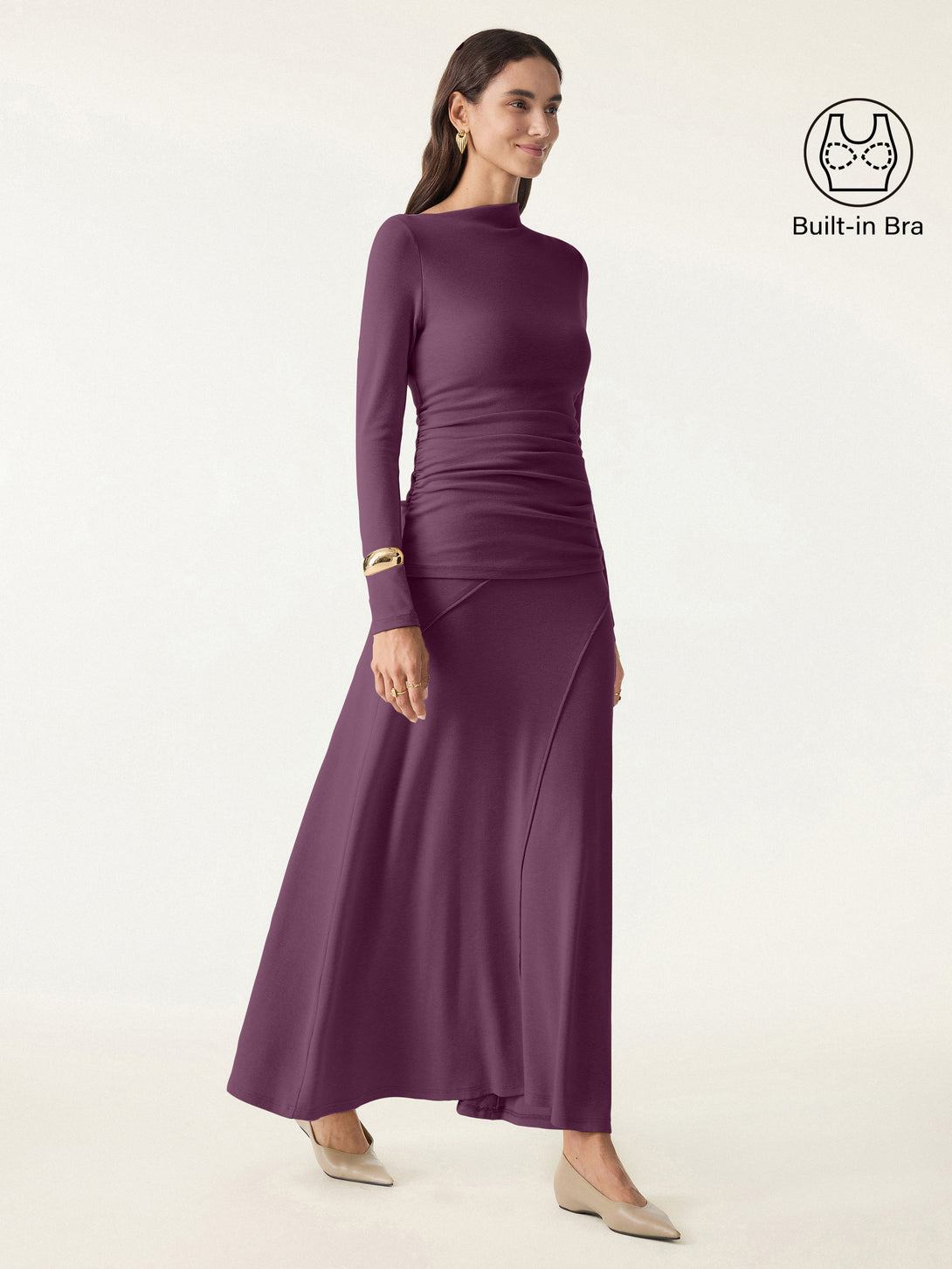 2Pcs Set Slanted Mockneck Ruched Brami & Mid Rise Pull-on Flared Maxi Skirt Plum Berry XS