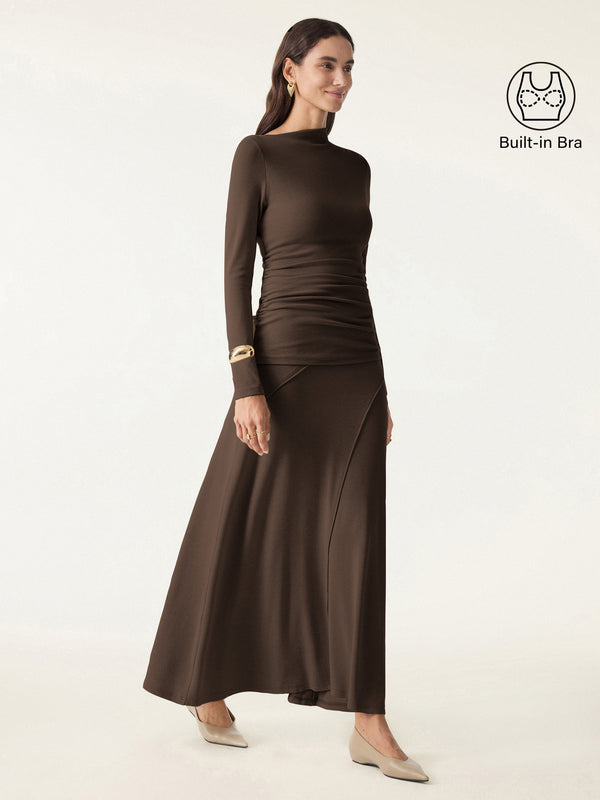 2Pcs Set Slanted Mockneck Ruched Brami & Mid Rise Pull-on Flared Maxi Skirt Espresso XS