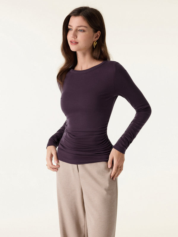 OGLmove Lyocell-Wool Round Neck Long Sleeve Ruched Top Purple Gloam XXS