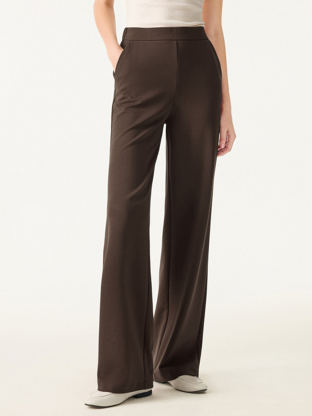 Brushed Stretch High Rise Slim Straight Pull-on Pants with Pockets Regular Espresso