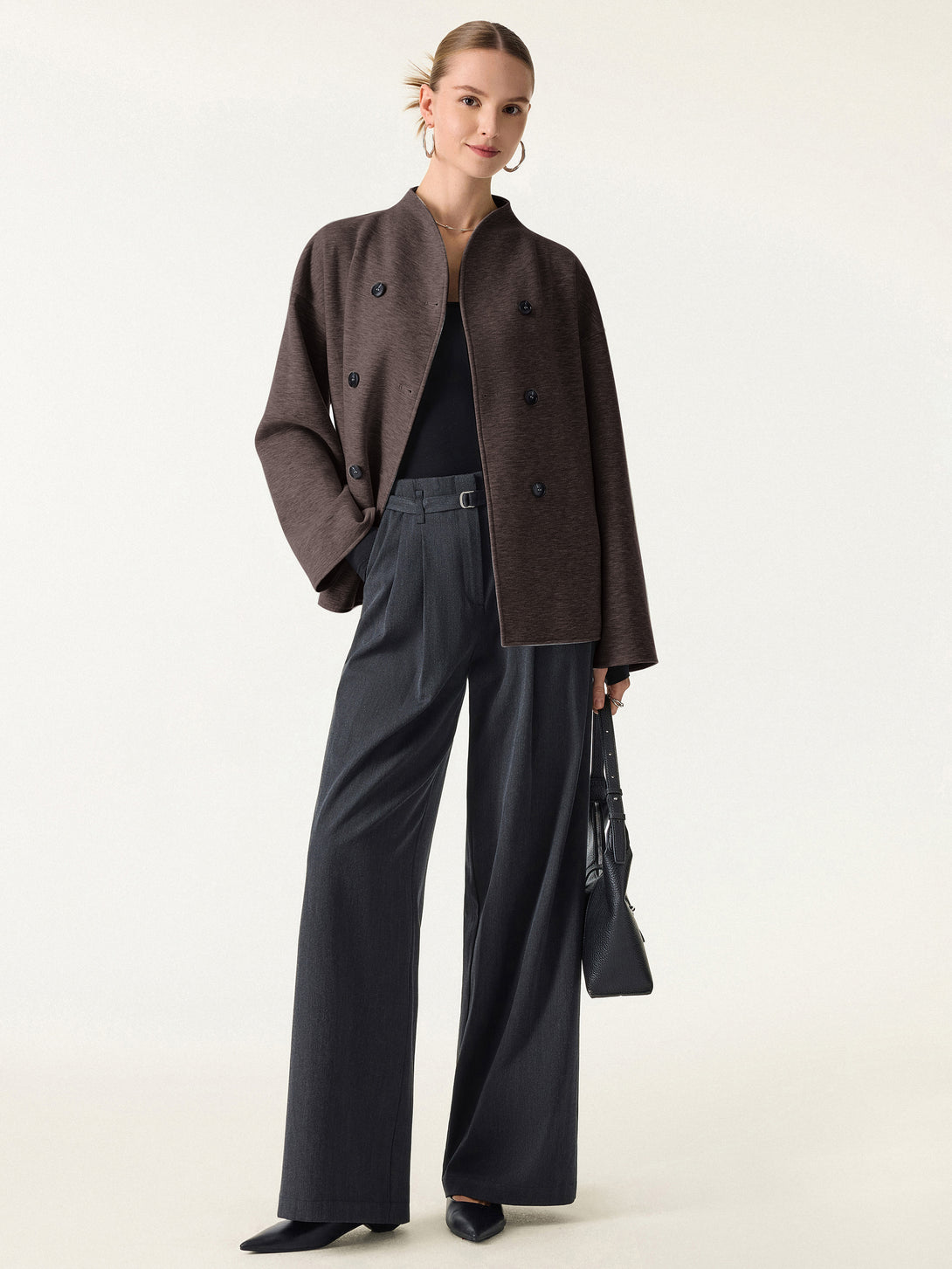 Stand Collar Double-Breasted Knit Jacket with Pockets