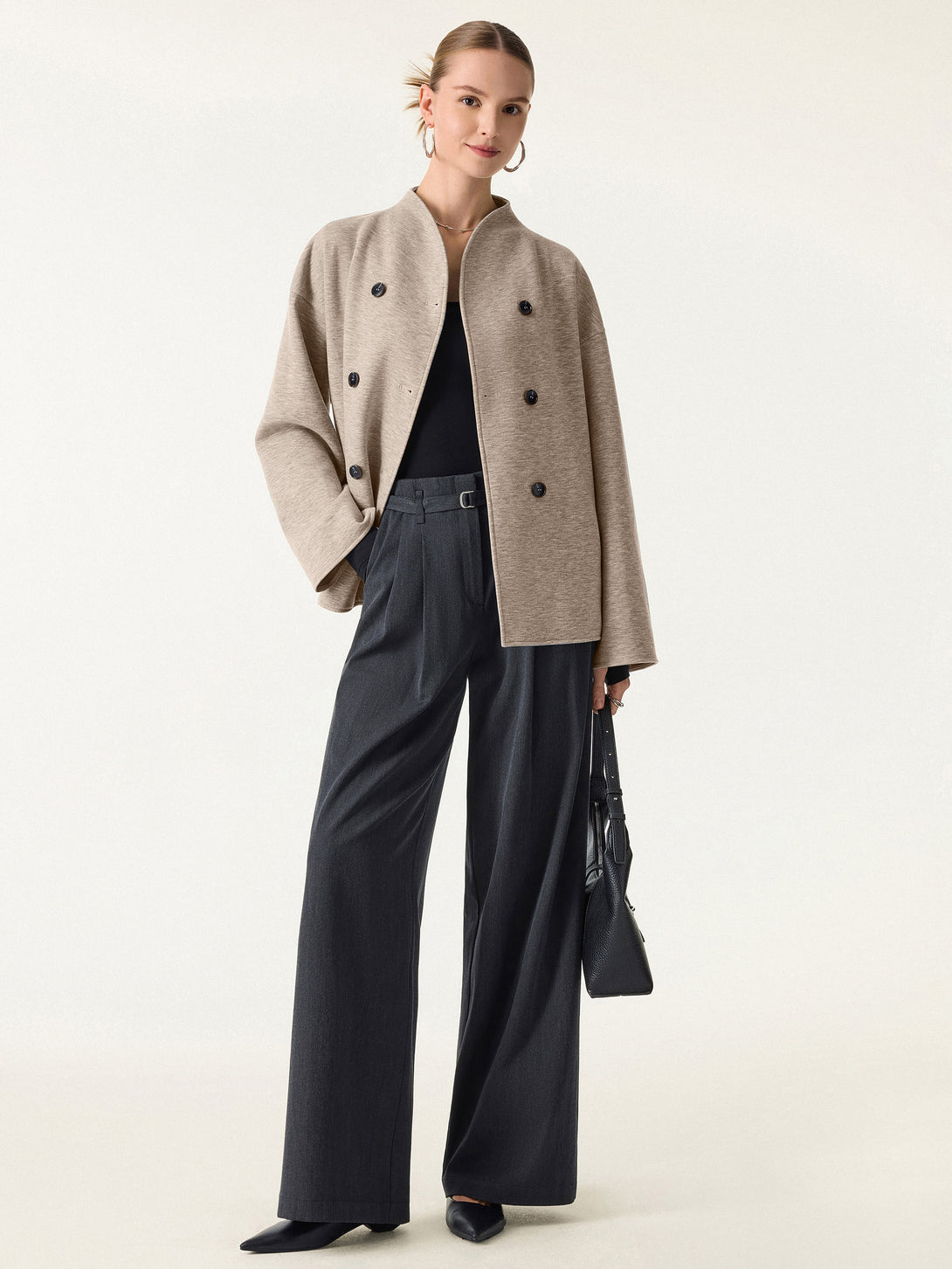 Stand Collar Double-Breasted Knit Jacket with Pockets