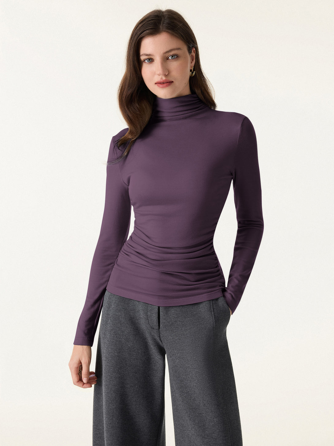 Turtleneck Side Ruched Top Plum Wine XS