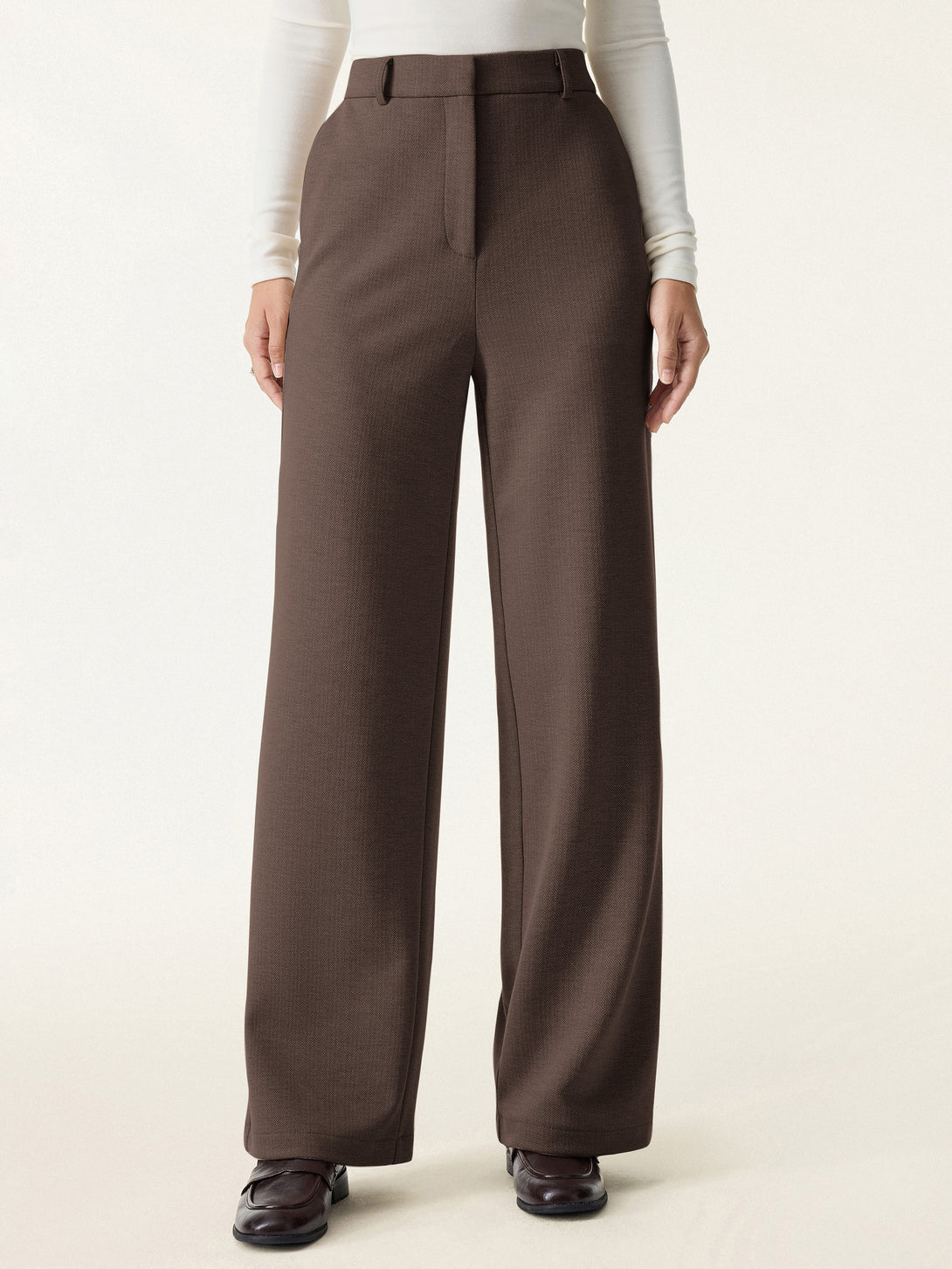 Herringbone Mid Rise Straight Leg Pants with Pockets Regular Chestnut
