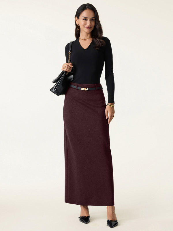 Stretchy Mid Rise Pencil Midi Skirt with Slit