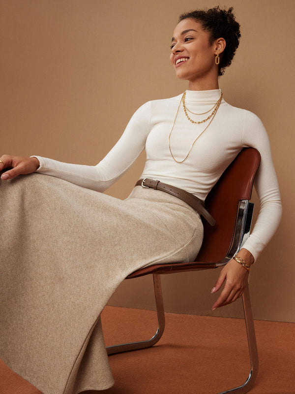 2Pcs Set Ruched Sides Tuckable Mockneck Top & Flared Maxi Skirt Off White/Heather Morganite XS