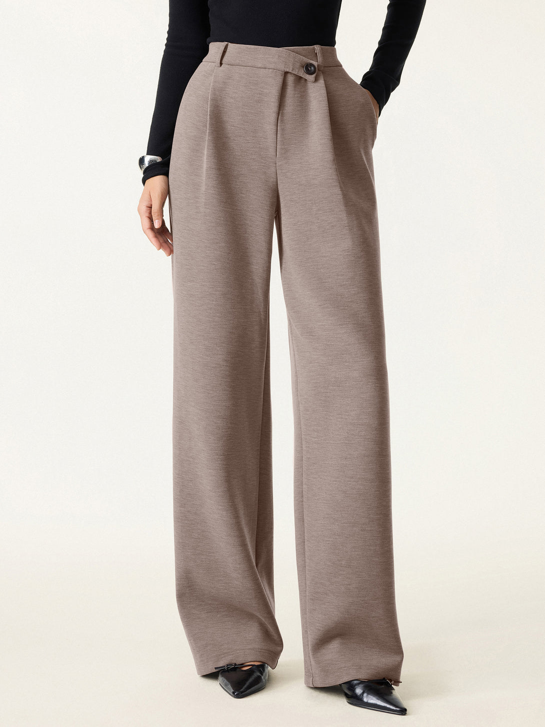 Cozy Warm High Rise Slanted Fly Front Wide Leg Pants Regular Heather Taupe