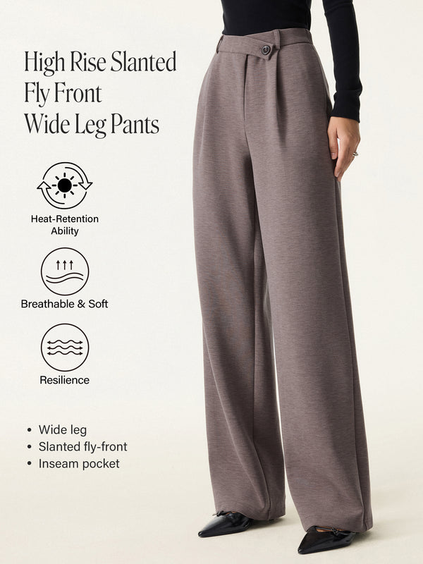 Cozy Warm High Rise Slanted Fly Front Wide Leg Pants