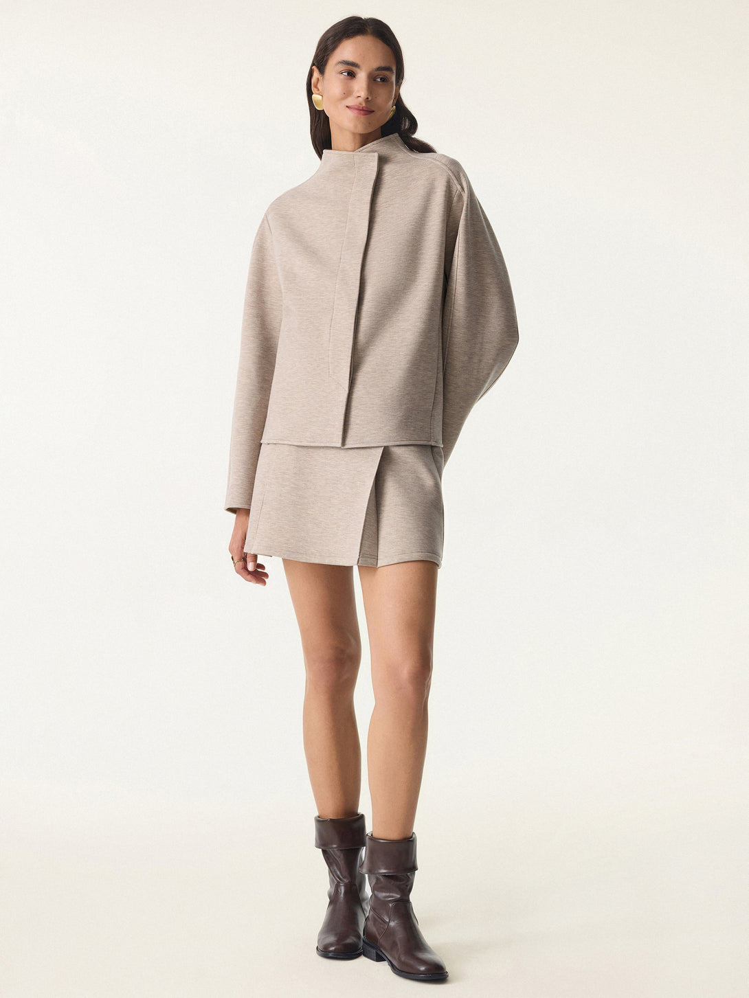 2Pcs Set Stand Collar Cropped Jacket & A-Line Pull on Skorts with Pockets Heather Taupe XS