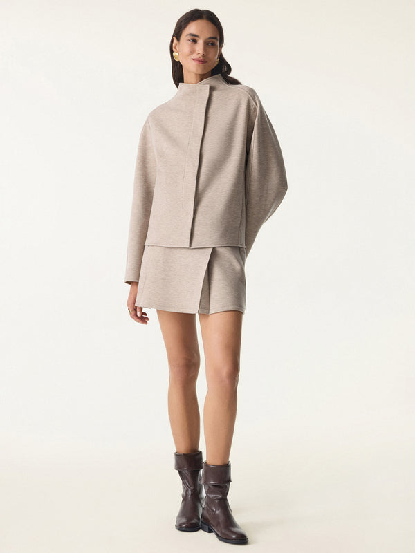 2Pcs Set Stand Collar Cropped Jacket & A-Line Pull on Skorts with Pockets Heather Taupe XS