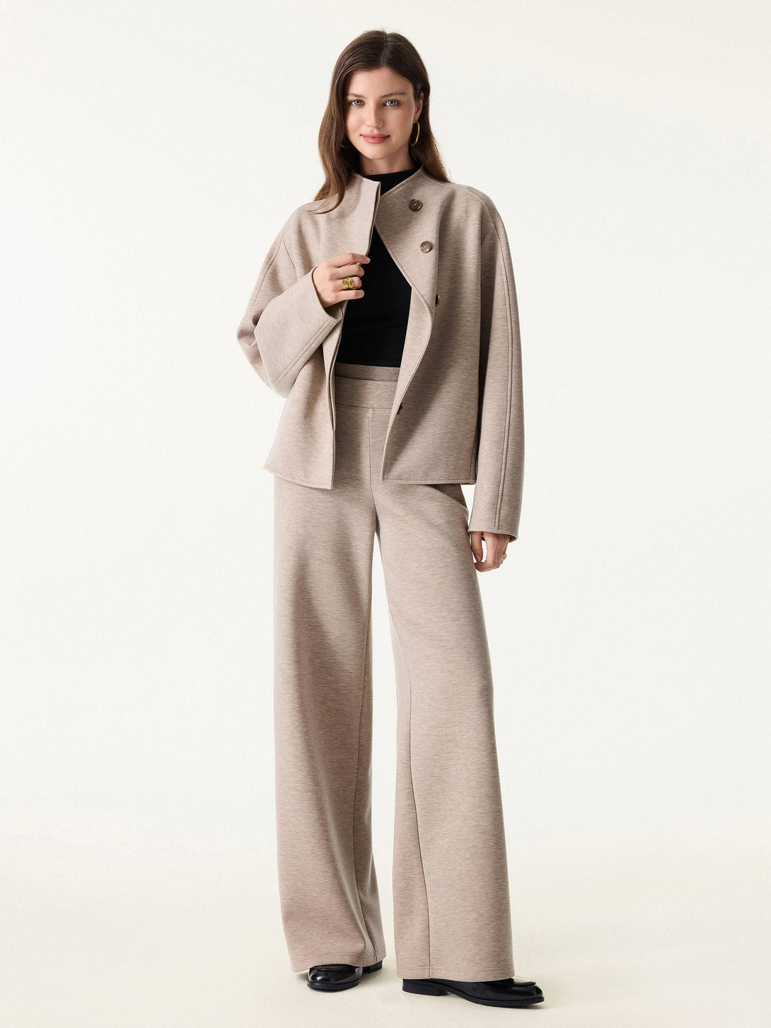 2Pcs Set Stand Collar Jacket & Double Waistband Straight Pants with Pockets Heather Taupe XS