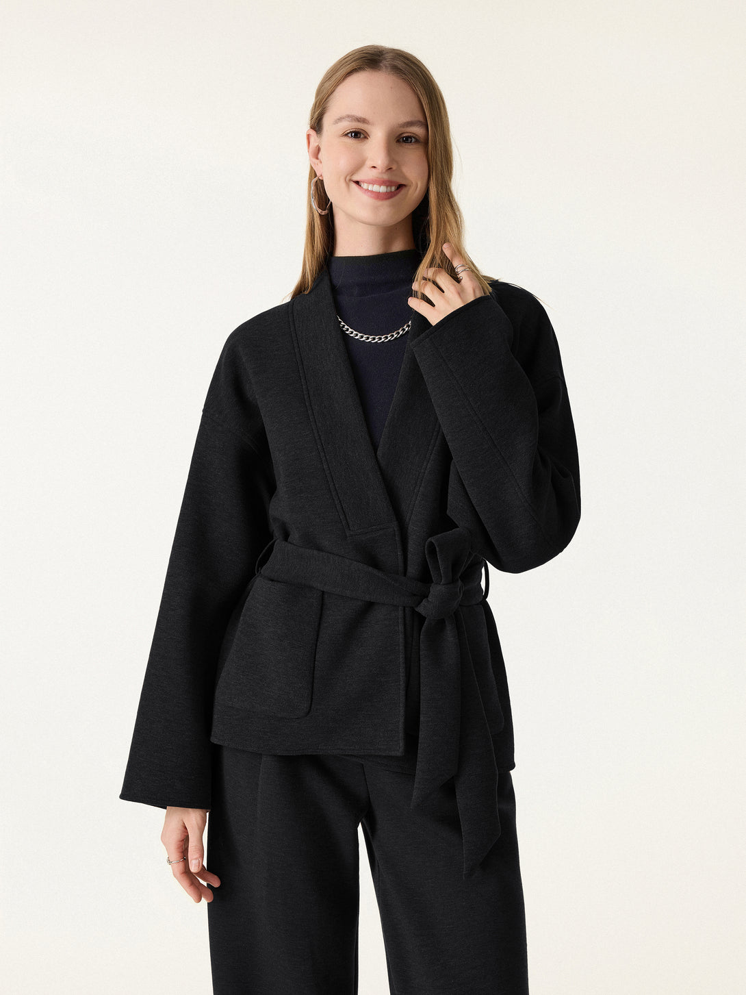 Belted Robe Style Coat with Pockets