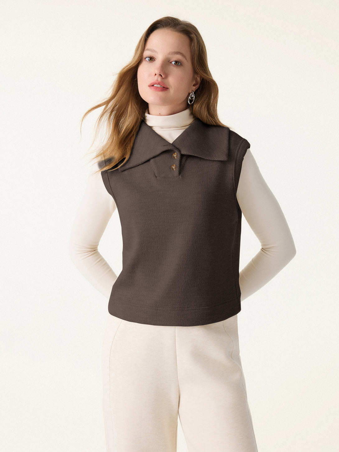 Cozy Warm Collared Sleeveless Vest Top Black Chocolate XS