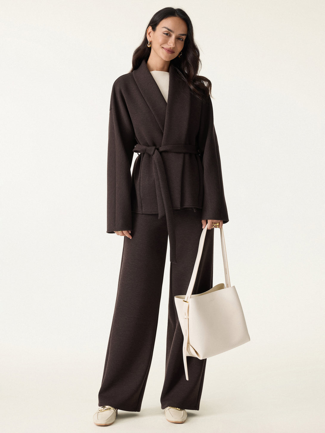 2Pcs Set Shawl Belted Outerwear & High Rise Straight Pull-on Pants with Pockets Espresso XS