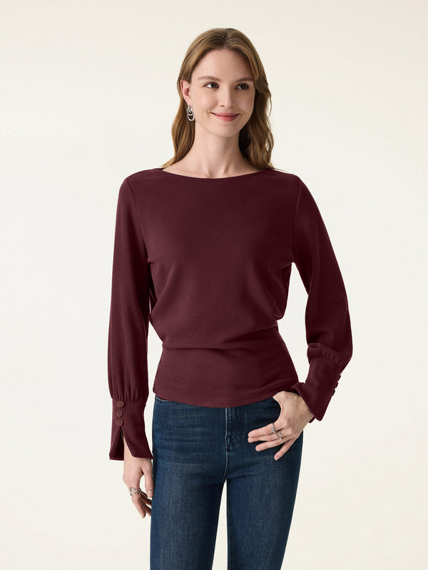 Cozy Warm Boatneck Buttoned Sleeve Top Ruby Red XS