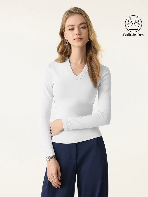 Cotton Lyocell Oval V-Neck Long Sleeve Brami White XS