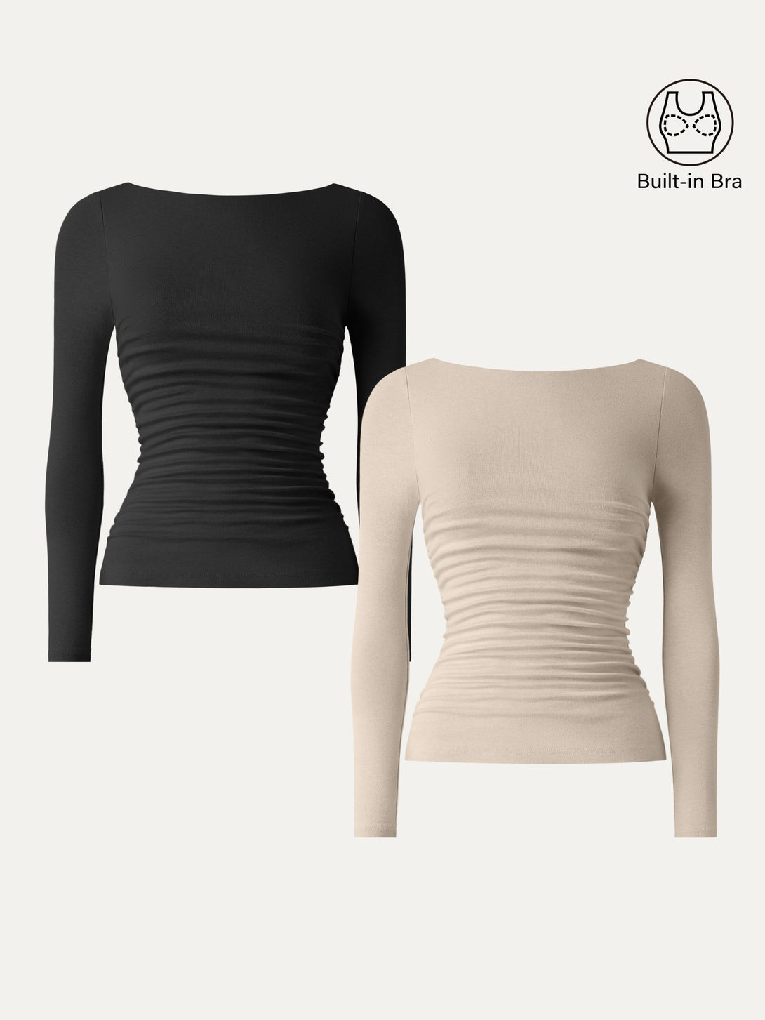 Light Warm Boatneck Ruched Brami Top Black/Natural Calico XS