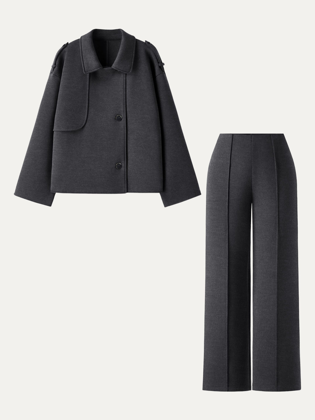 2Pcs Set Convertible Collar Buttoned Coat & Tummy-Control The Comfort Pant Heather Carbon XS