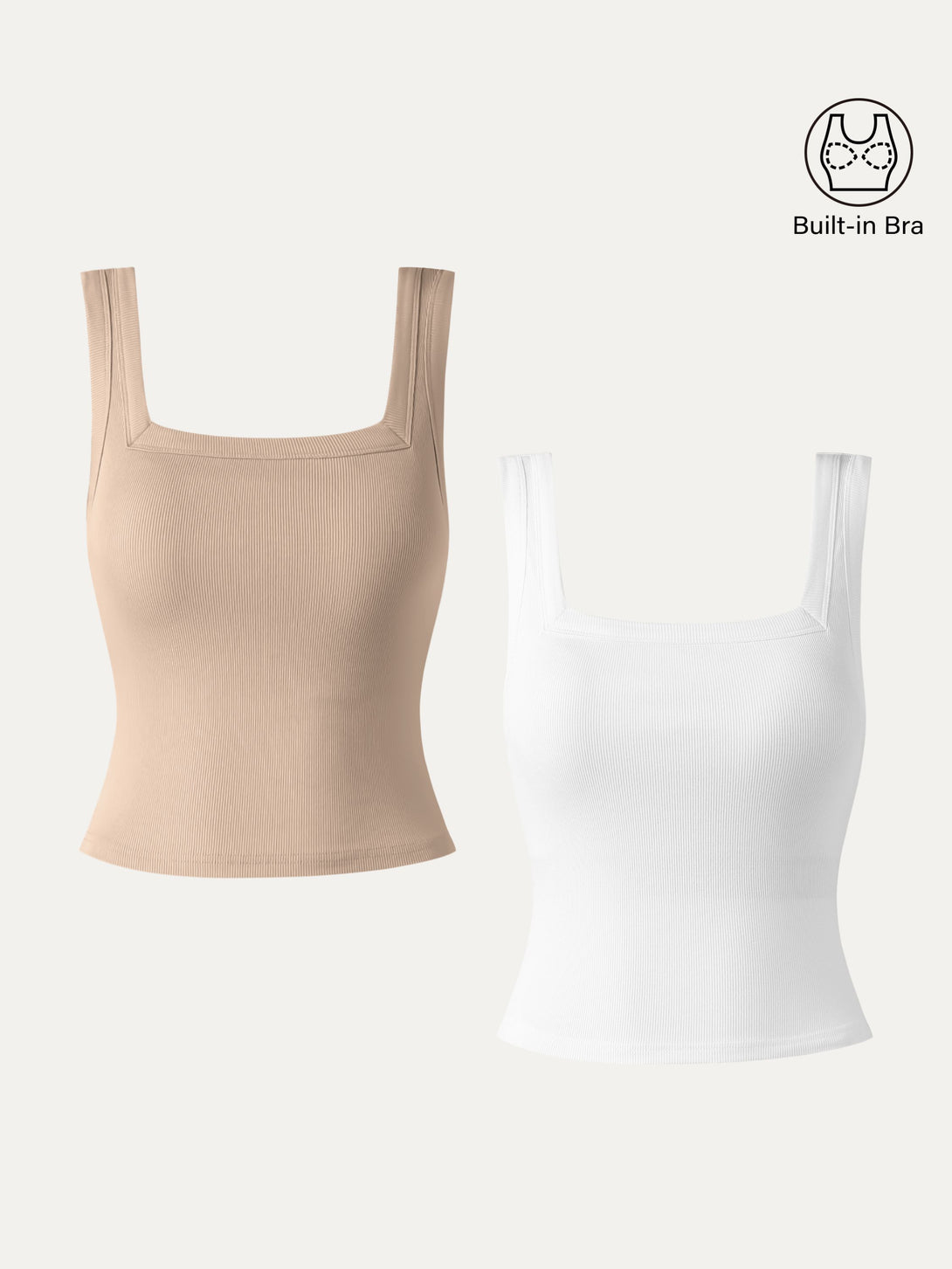 2Pcs Set Cropped Slinky Square Open-Back Brami Tank Top White/Natural Calico XS