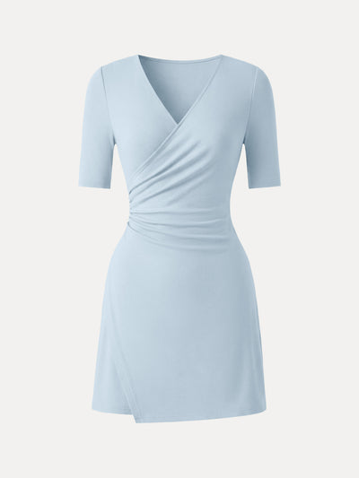 OGLmove Surplice Ruched Fit-and-Flare Mini Dress Blue Air XS