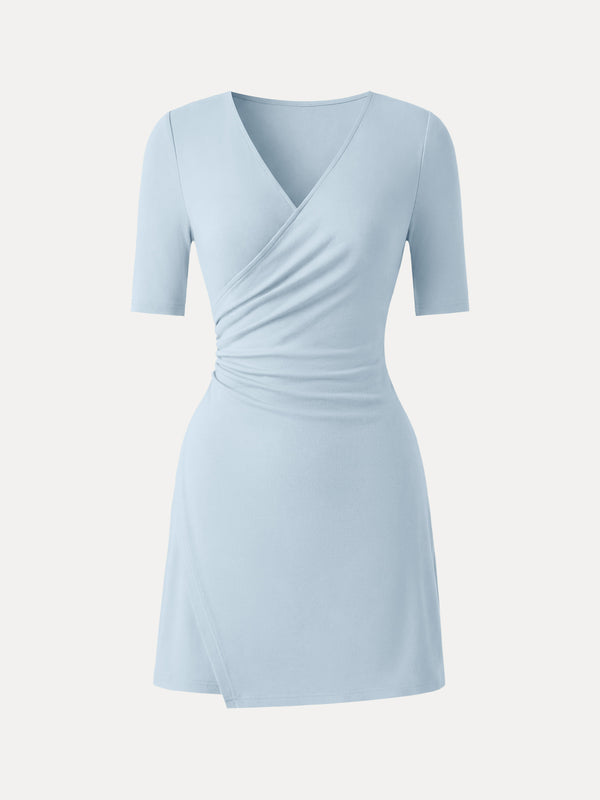 OGLmove Surplice Ruched Fit-and-Flare Mini Dress Blue Air XS