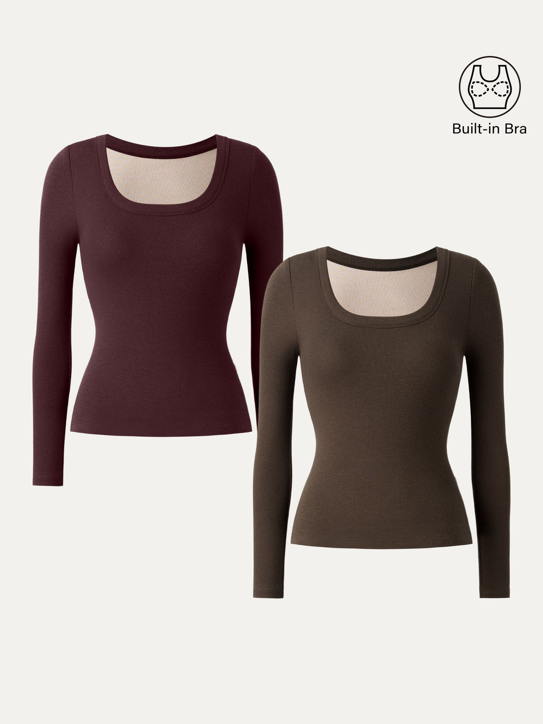 Essential Round Neck Ribbed Long Sleeve Brami Ruby/Cedar Brown XS