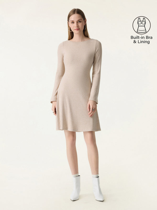 Cozy Rib Boatneck Bell Sleeve Flare Mini Brami Dress