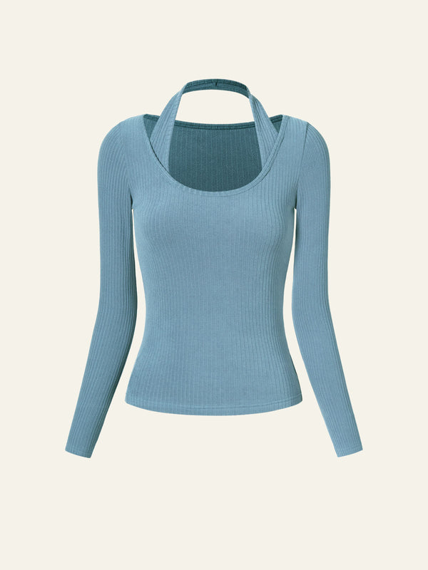 Halter Neck Ribbed Long Sleeve Top
