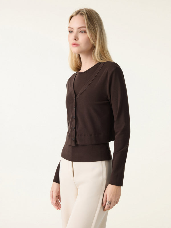 Non-Itch Lyocell Wool Relaxed Cardigan Dark Bruntte XS