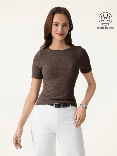 OGLmove Ribbed Texture Cropped Bra Tee Dark Brunette Brown XS