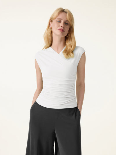 OGLmove SkinKiss Cooling Surplice Ruched Cap Sleeve Summer Top Pure White XS