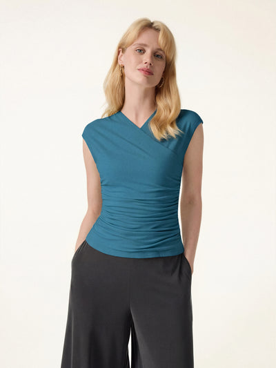 OGLmove SkinKiss Cooling Surplice Ruched Cap Sleeve Summer Top Dark Marine XS