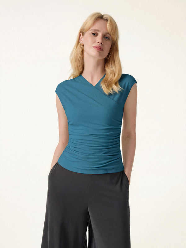 OGLmoveSkinKiss Cooling Surplice Ruched Cap Sleeve Summer Top Dark Marine XS