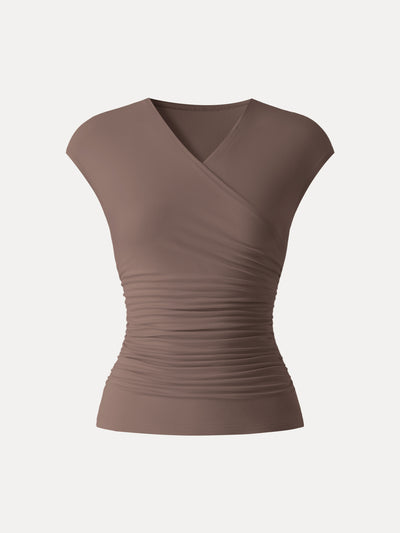 OGLmove SkinKiss Cooling Surplice Ruched Cap Sleeve Summer Top Iced Mocha XS
