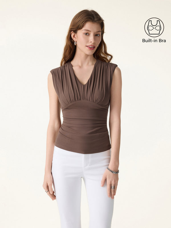 OGLmove SkinKiss Cooling V-Neck Ruched Wide Shoulder Bra Tank Iced Mocha XS