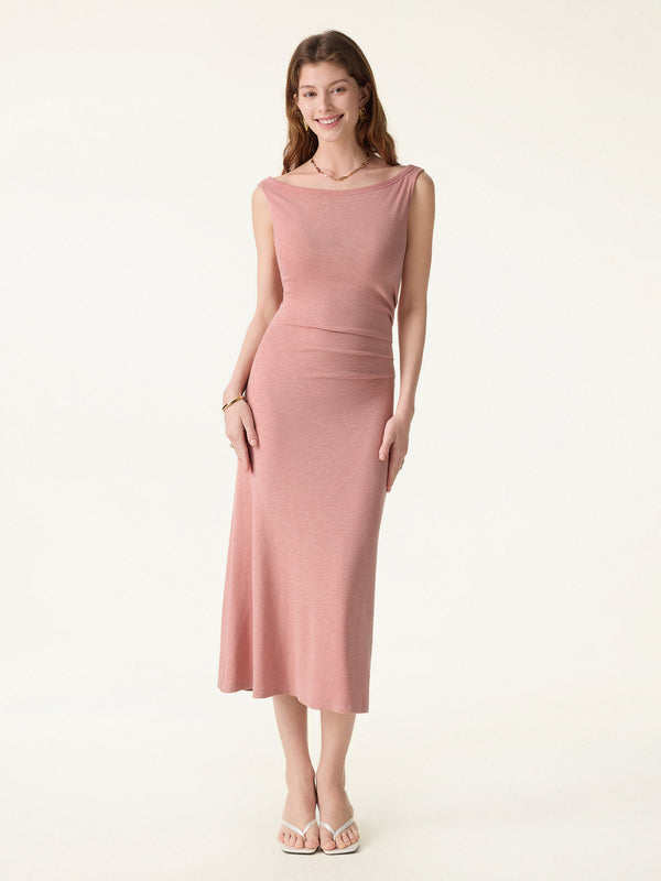 OGLmove Elegant Boatneck Tucked Fit-and-Flare Midi Bra Dress Sahara Pink XS