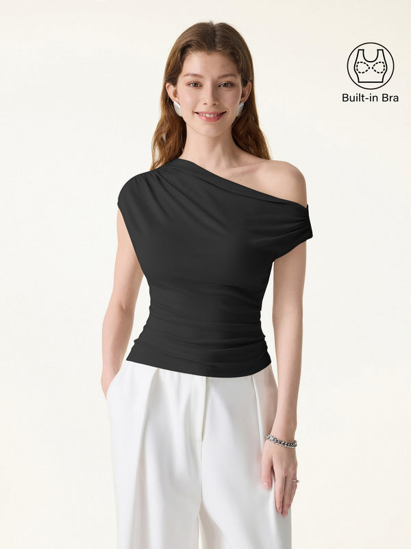 OGLmove Ruched Asymmetrical Shoulder Bra Top Black XS