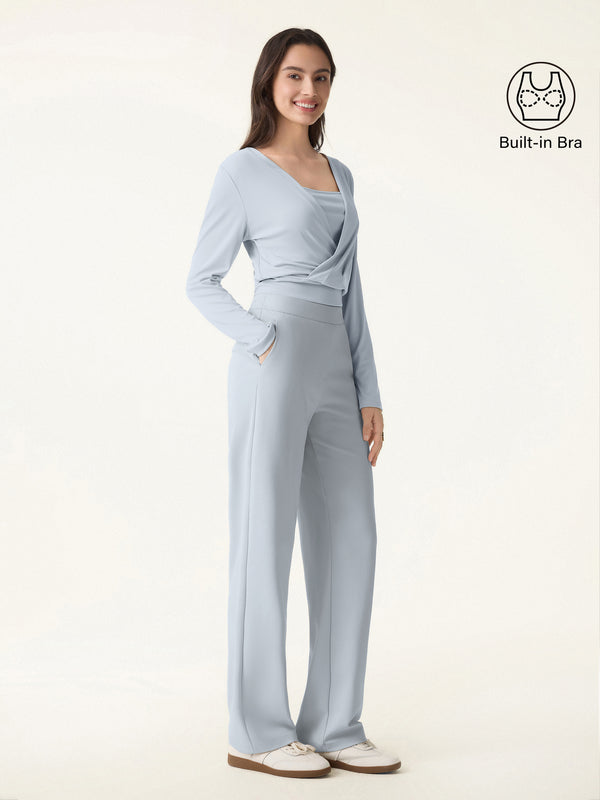 2Pcs Set Modal 2-in-1 Wrap Brami Top & Straight Leg Pull-on Travel Pants Smoke Blue XS