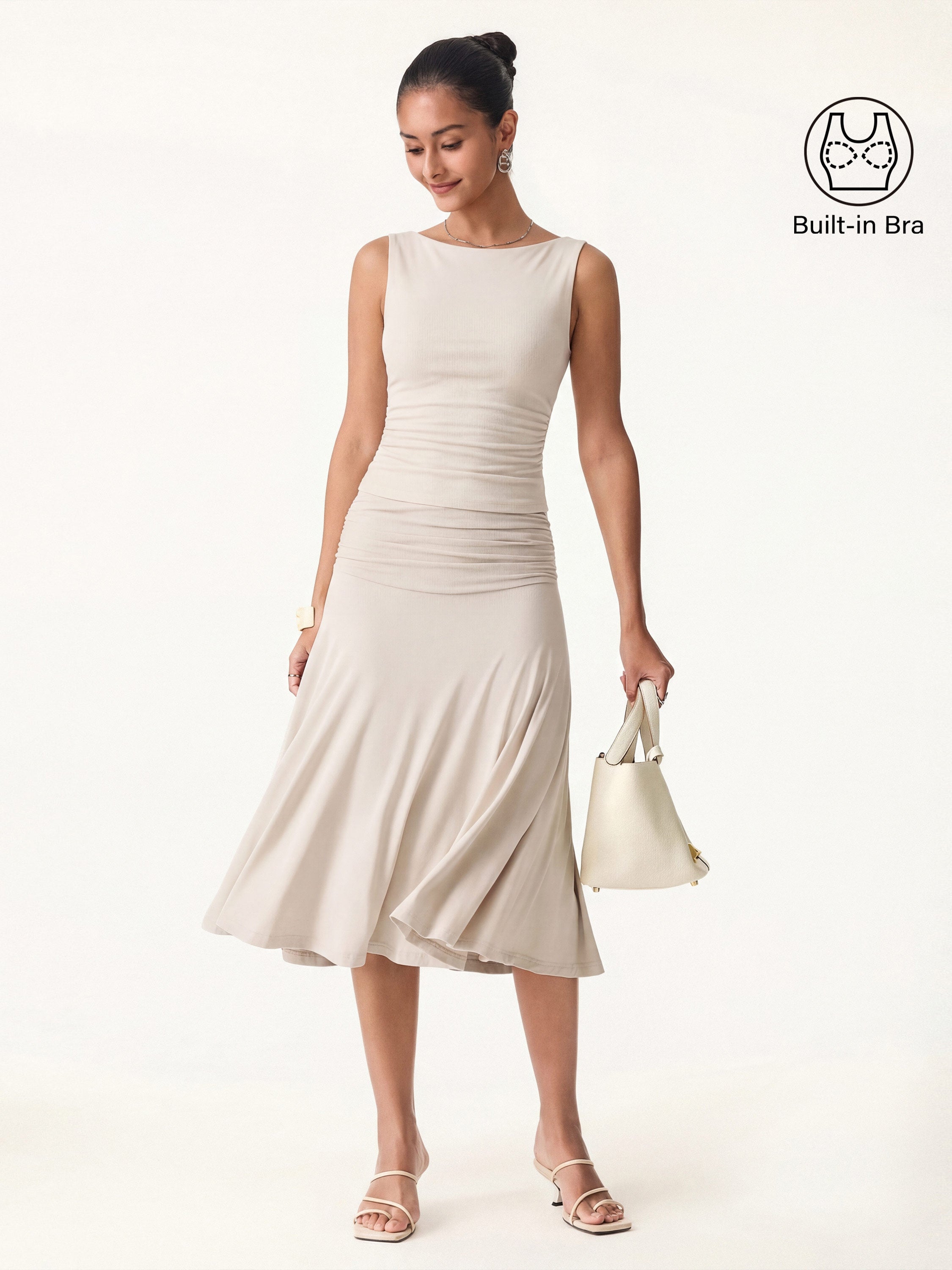 2Pcs Set Open Back Bra Tank & Side Ruched line Midi Skirt