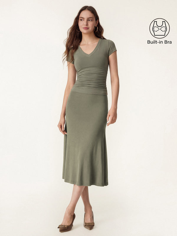 OGLmove 2Pcs Set V-neck Cap Sleeve Bra Tee & Pull-on Mermaid Midi Skirt