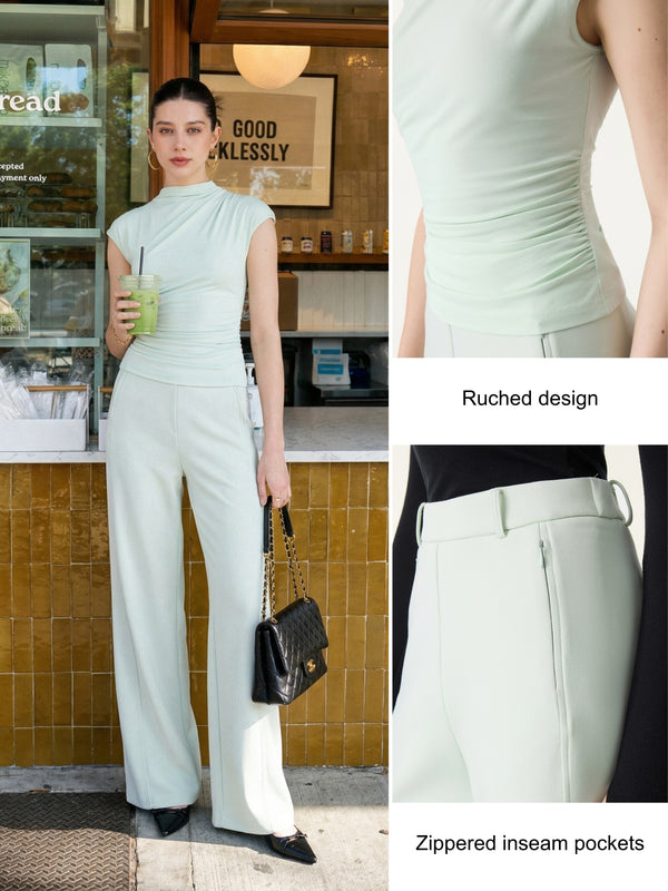 OGLmove 2Pcs Set Mockneck Cropped Bra Top & Slimming High Rise Wide Leg Pants